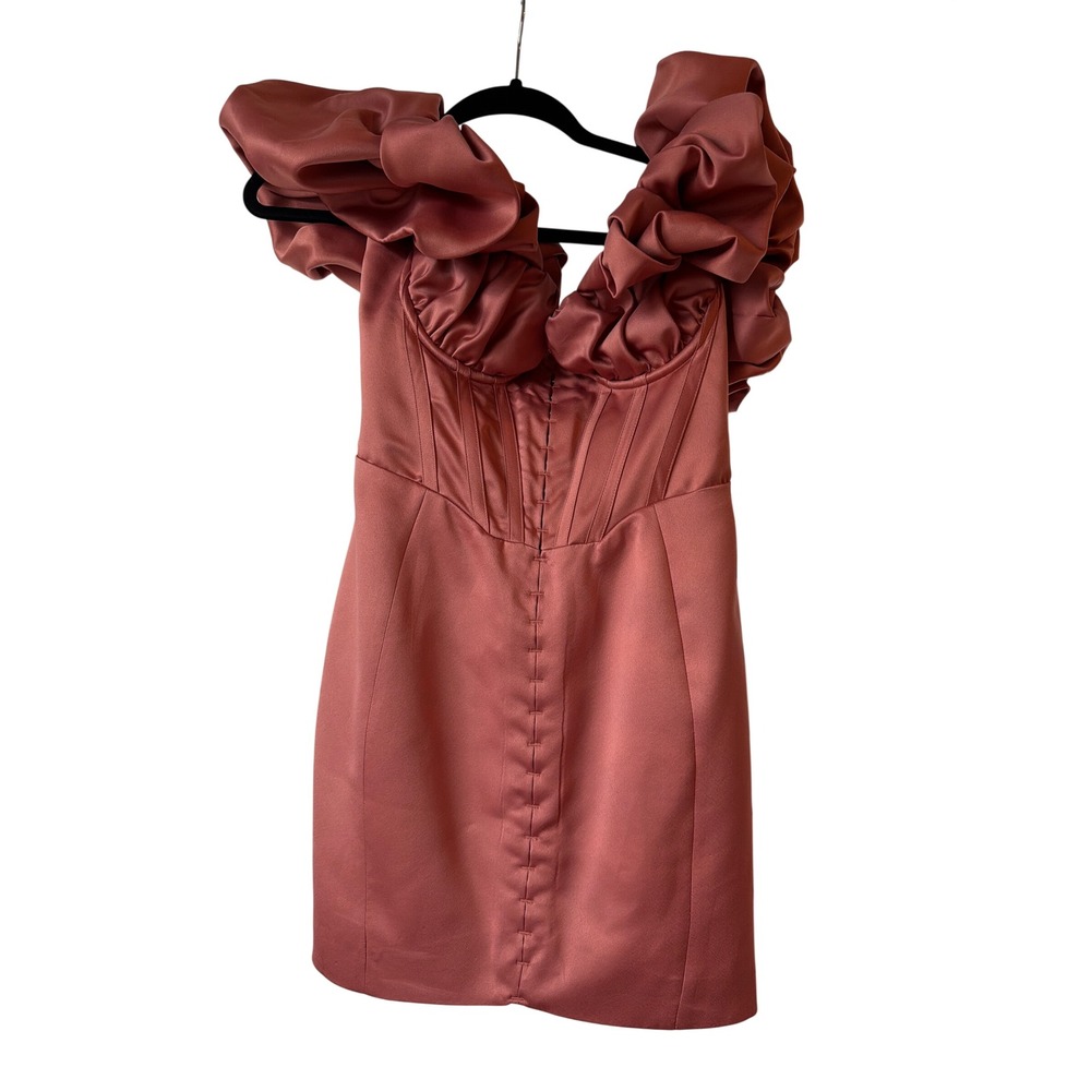 House of CB Annabelle Rose Pink Satin Corset Puff Sleeve Mini Dress Size M - Picture 3 of 8